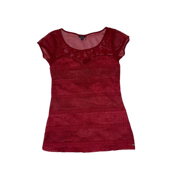 Guess Tops - Guess Lace Mesh LillyAna Blouse Top Burgundy Short Sheer Sleeves NWT